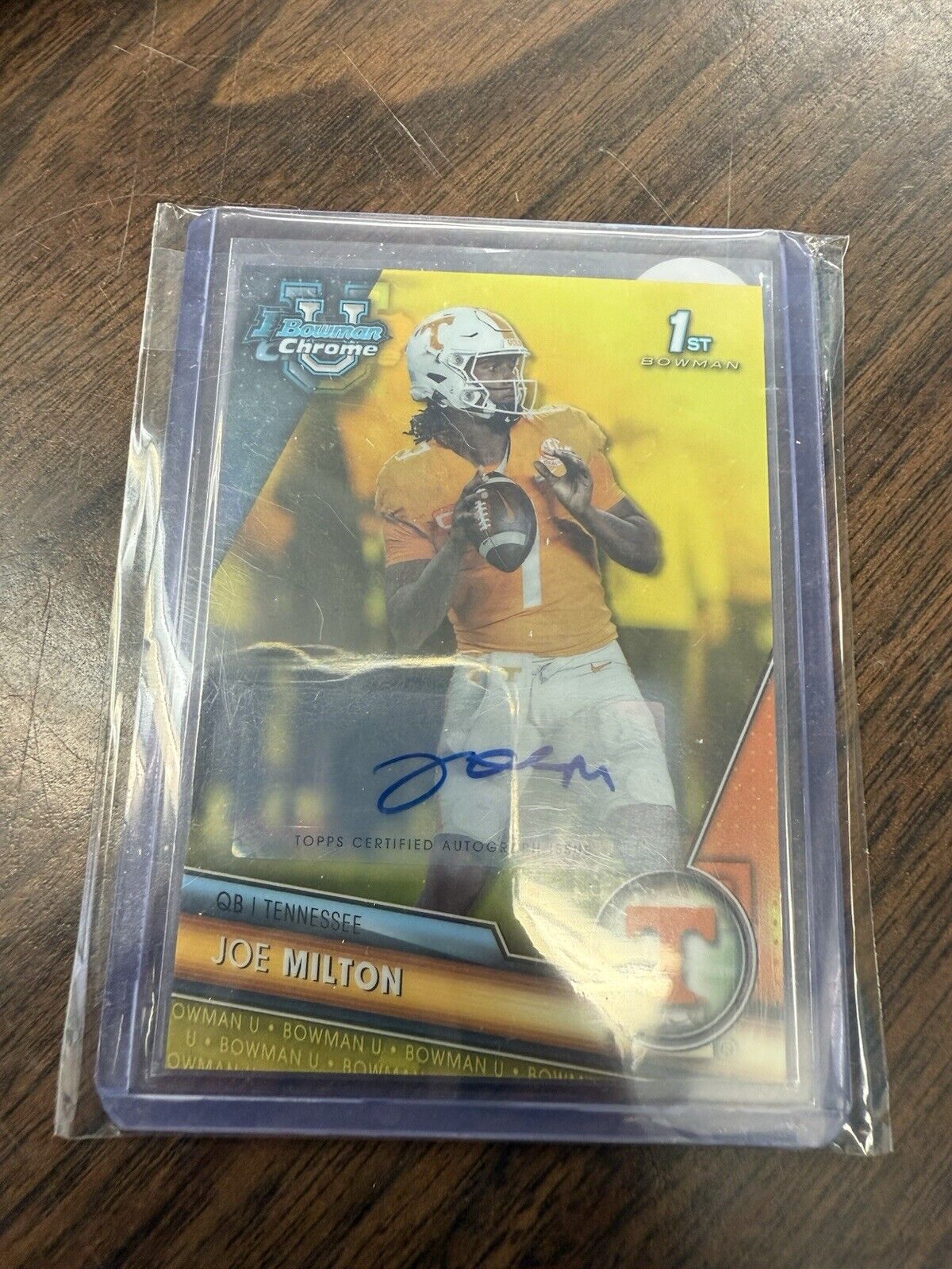Joe Milton 2023 Bowman Chrome U 1st Auto Yellow #’d 42/75 Tennessee Patriots