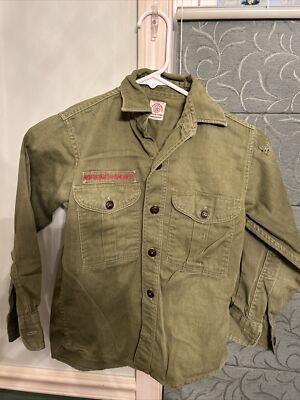 Vintage Olive Green BSA Boy Scout Long Sleeve uniform shirt  V91