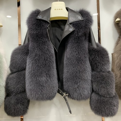 Damen künstliche Zucht Fuchsfell Mantel Lammfell Leder Motorradjacke - Bild 22 von 25