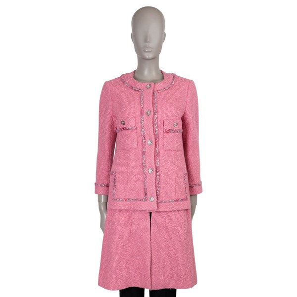 73976 authentisch CHANEL rosa Wolle 22A FLORENZ ZOPFBESATZ TWEED Mantel Jacke 38 S