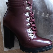 JustFab bottines femme 38,5 cuir vernis bordeaux lacets plateforme talon bloc
