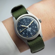 Reloj HAMILTON Caqui Cuerda Manual Esfera Azul Marino Logotipo Ancla Hombres Caja Inoxidable Japón