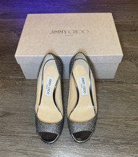 Jimmy Choo Glitter Peep Toe Pumps Silver Gray IT 37 US 7 Box Dust Bag