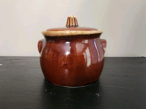 Vintage Hull Pottery Bean Pot with Lid, Hull Oven Proof USA Brown Drip Glaze