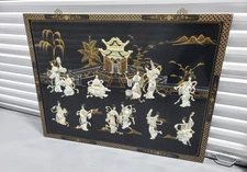 ASIAN CHINESE BLACK LACQUER WALL PANEL MOTHER OF PEARL WOOD MUSIC DANCERS 48x36