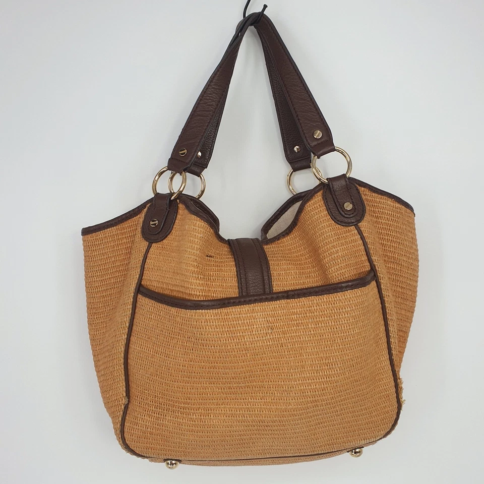 Michael Kors Neutral Straw Tote Bag Brown Leather Trim Gold Hardware Resort - Image 3 of 4