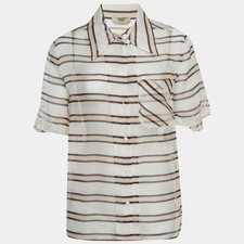 Fendi WhiteBeige Striped Palm Embroidered Short Sleeve Shirt S