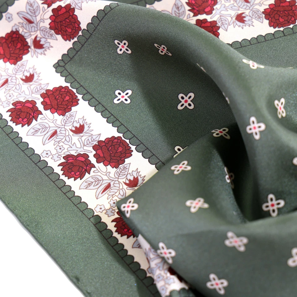 Men's Silk Pocket Square Olive Green Floral Rose Pattern 21" 53cm Suit Accessory - Image 4 of 4