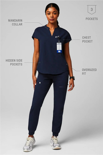 Fabletics Evolve Scrub Top Womens Large NWT Navy Blue 3 Pocket Oversized Stretch - Picture 3 of 10