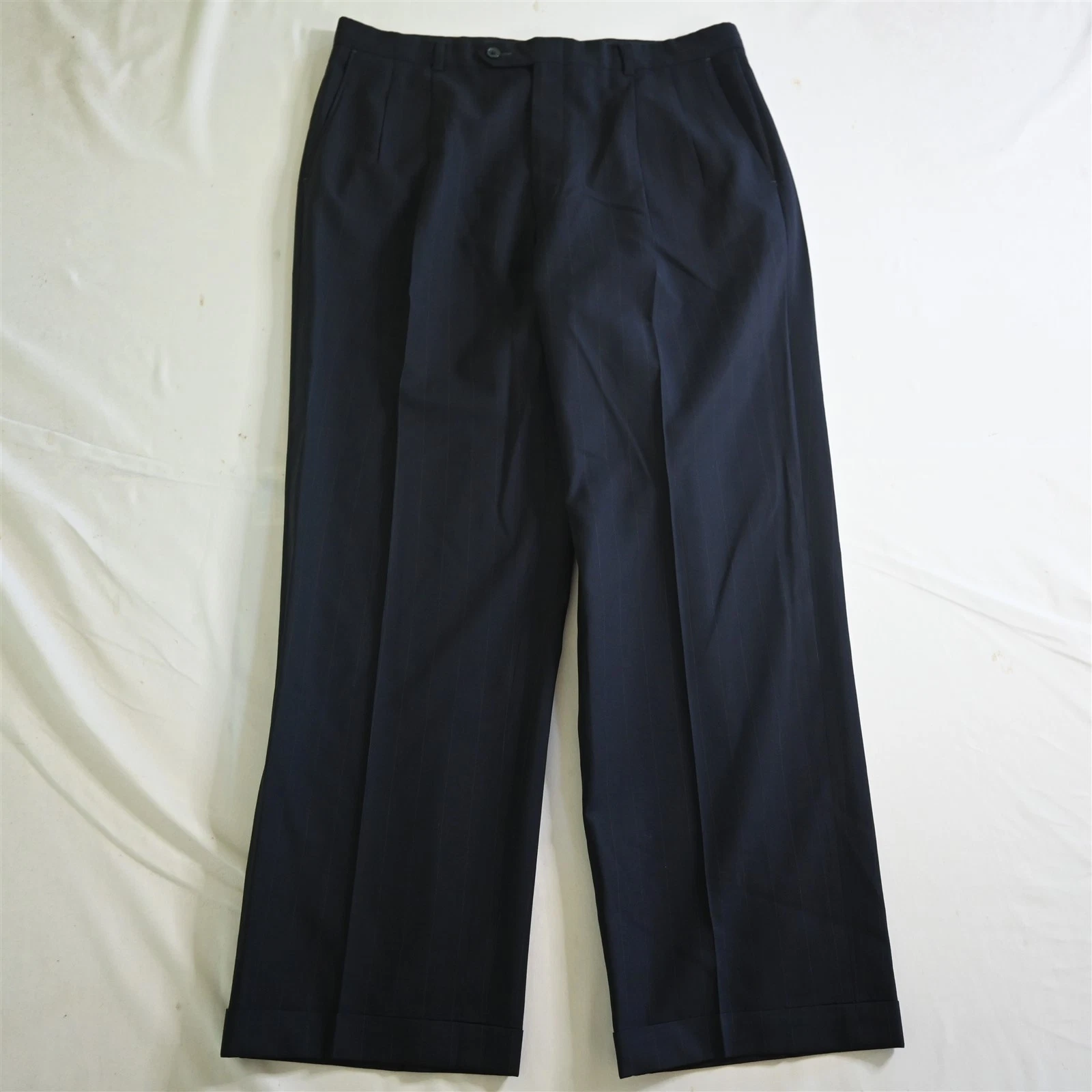 Pantaloni eleganti uomo vintage Burberrys 34x30 blu navy a righe lana plissettati con polsini
