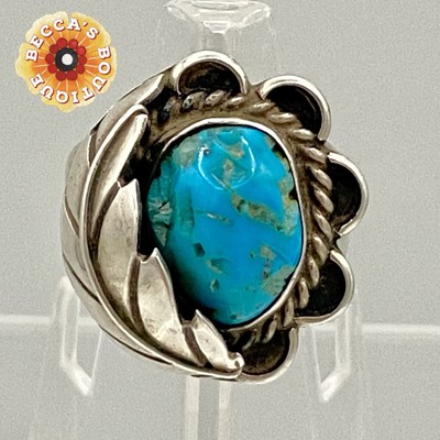 VTG Native American Feather Roped Turquoise Silver Unknown Stamp Ring 14g 10.75