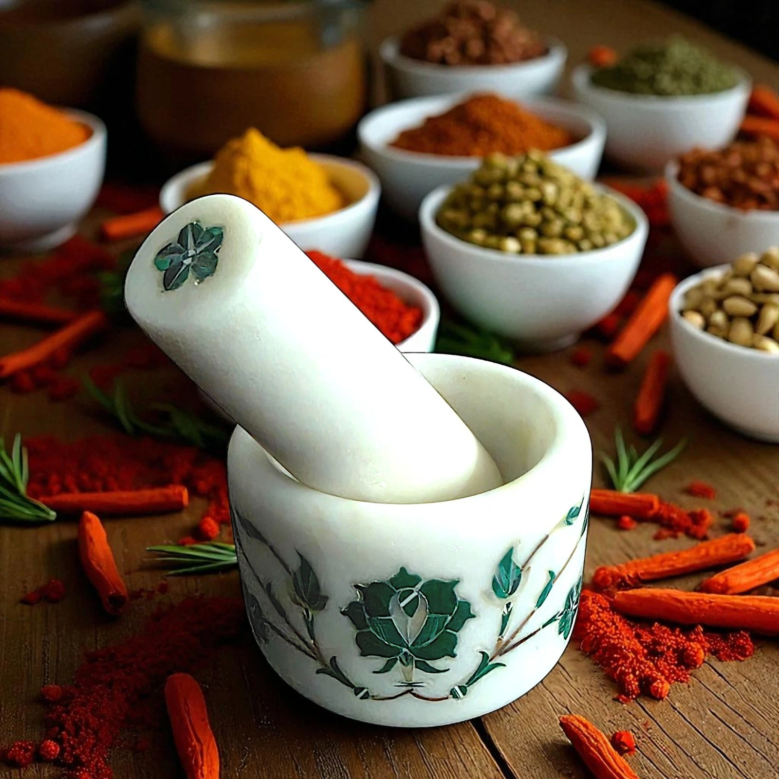 Decorative Marble Inlay Mortar & Pestle | Natural Stone Kitchen Tool | Gift