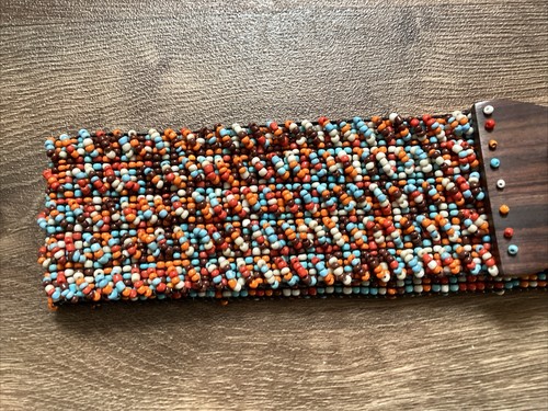 VINTAGE BELT STRETCH ELASTICATED MULTI ORANGE BEADED WITH WOOD BUCKLE - Picture 2 of 7