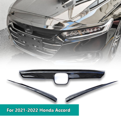 FOR 2021-2022 HONDA ACCORD GLOSS BLACK FRONT GRILL GARNISH TRIM + EYELID COVER