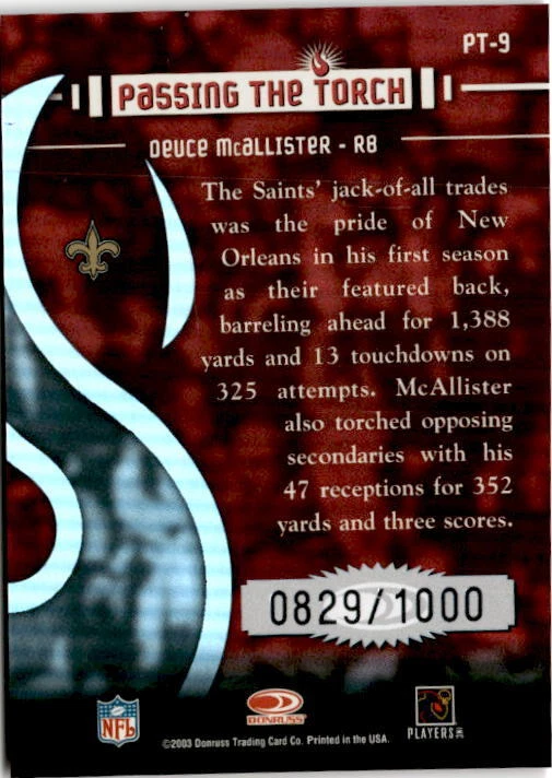 2003 Donruss Elite #PT-9 Deuce McAllister Passing the Torch #/1000 - Image 2 of 2