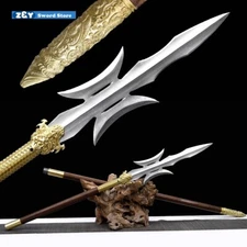 Crescent Halberd Spear Spearhead Sword Dagger Sharp Folded Steel Wood pole Q8330