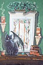 Bell Book and Candle tapestry 26" X 18", winged black cat, books, candles