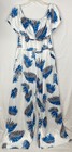 Woman Sleeveless Long Pant Jumpsuit Tropical Print Wide Leg White w/ Blue Leaves