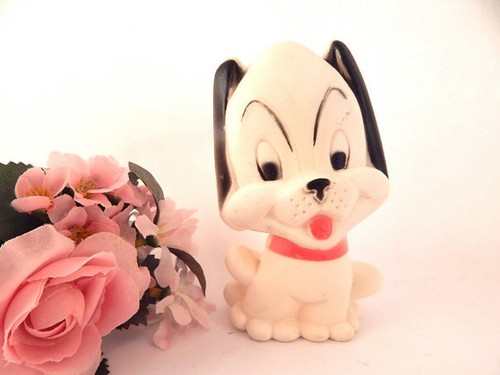 Squeak Toy Puppy White & Black Rubber Dog VTG 1965 Baby Joy Boomer Collectible - Picture 5 of 5