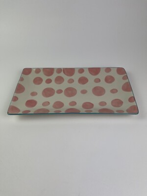 At Home Ceramic Rectangular Serving Tray Platter With Pink Polka Dots Blue Trim