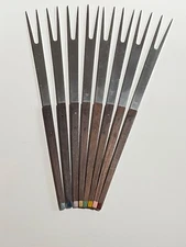 Vintage Set of 8 Wood Handle Fondue Forks Stainless Steel Made in Japan 