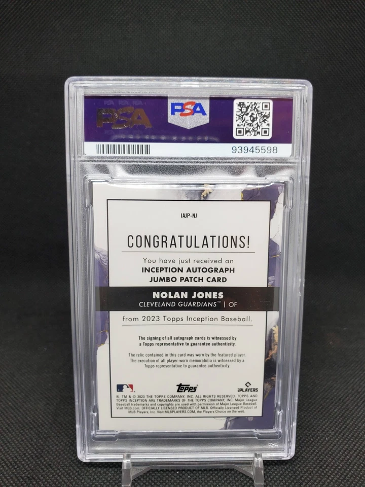 2023 Topps Inception Nolan Jones IAJP-NJ RC Orange Jumbo Patch Auto /25 PSA 9 - Image 2 of 2