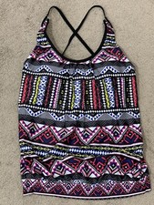 Yonique Tankini Swim Top Women  s Size Small Black Geometric Pattern Bright NWT