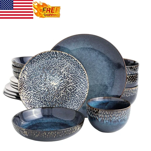 16 Pcs Double Bowl Dinnerware Set Create Aura Elegance Dining Room Cobalt Blue