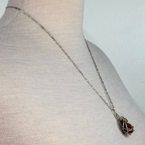 Wire Wrapped Red Tiger's Eye Pendant Necklace Silver Tone 23" - Picture 6 of 7