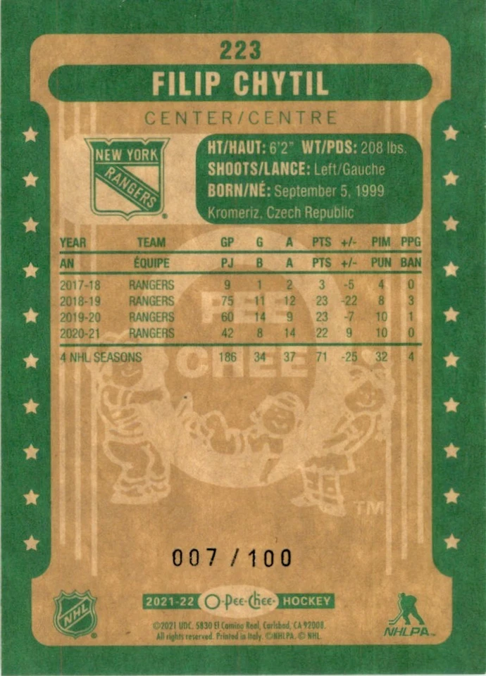 2021-22 O-Pee-Chee Retro Black Border Filip Chytil 007/100 #223 - Image 2 of 2