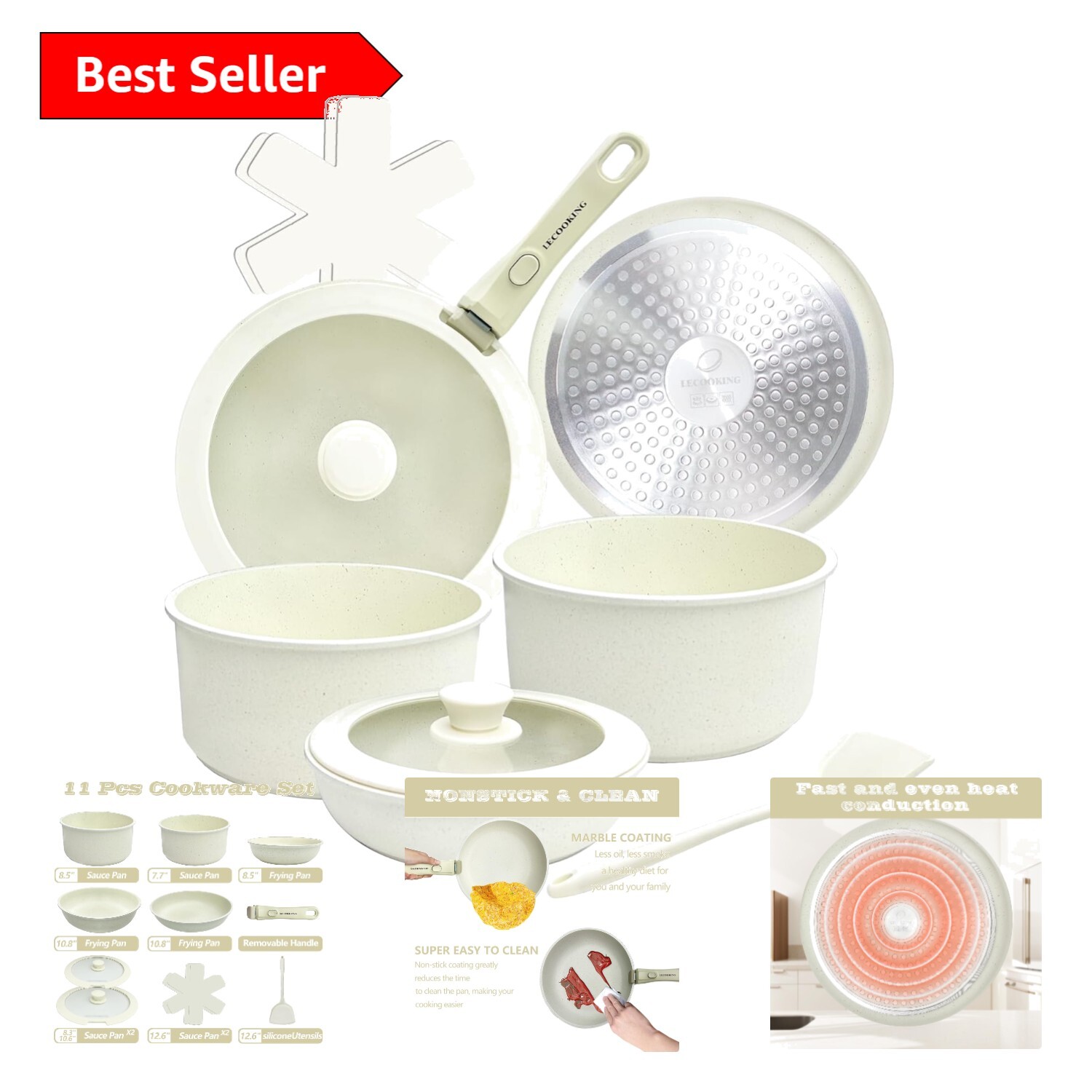 Complete 11-Piece Cookware Set: Removable Handles & Stylish White Finish