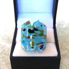 Bohemian Blown Glass Bling Ring Soft Blue Art Deco Accents Each Unique Sz 7.75
