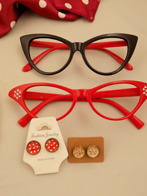 Girls, Woman Retro type scarf, faux pearls, cat eye glasses (no  lens)