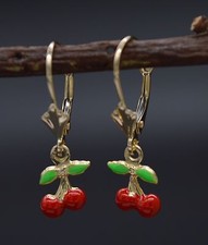 14K Solid Yellow Gold Enamel Cherries Dangle Leverback Earrings