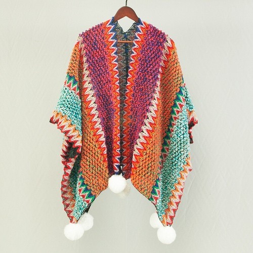 Lady Retro Cloak Cape Knit Poncho Wrap Shawl Rainbow Sweater Cardigan Pompom Top - Picture 12 of 20