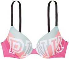 Victorias Secret Pink Wear Everywhere Push-up Bra Colorblock Multicolor Logo NWT