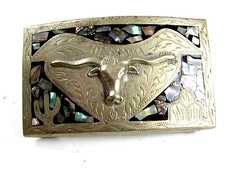 Western Cowboy Mexican Silvertone  Abalone Longhorn Belt Buckle Unmarked 72414