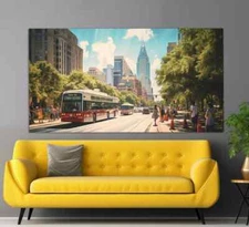 Austin City Street Vintage Oil Paint Wall Art Canvas Unframed Print Art