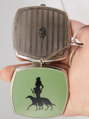 VTG Phi Gamma Delta FIJI  Powder Compact 1930s Art Deco Borzoi Dog & Lady TF1240