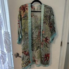 NWT Chico's Paradise Escape Open Kimono 3/4 sleeve 15 silk tropical S/M Teal