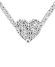Cubic Zirconia Pav  Heart 18" Pendant Necklace in Sterling Silver