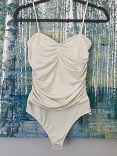 Express Body Contour Bodysuit Women Sz S ivory Rouched Thong Spaghetti String