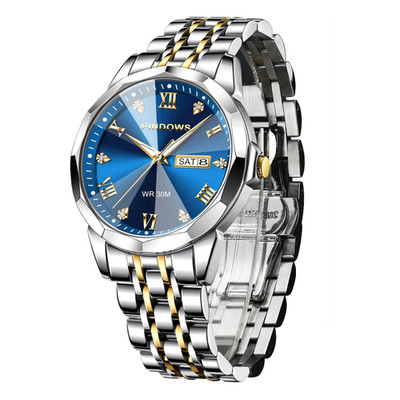 PINDOWS Chronograph Quarz Uhr Herren Edelstahlarmband Diamant Akzente Wasserd
