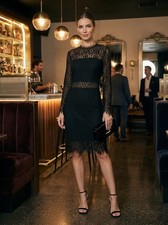 bebe NWT Black Lace Mock Neck Bell Sleeve Dress Sheer Illusion Yoke Lined XL