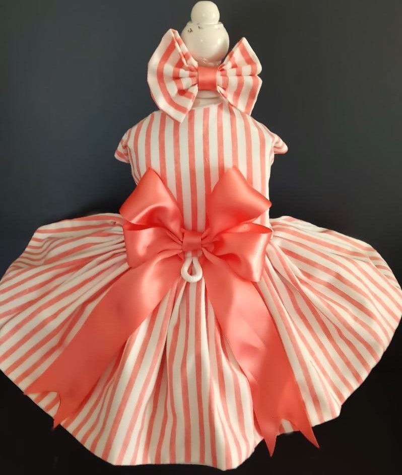 DOG HARNESS DRESS CORAL STRIPES W/ MATCHING HAIR BOW    FREE SHIPPING