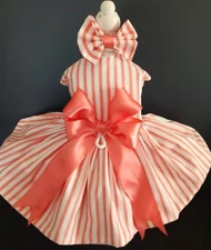 DOG HARNESS DRESS CORAL STRIPES W/ MATCHING HAIR BOW    FREE SHIPPING
