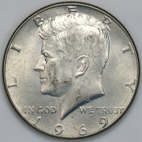 1969 D About Uncirculated AU Kennedy Half Dollar 40% Silver