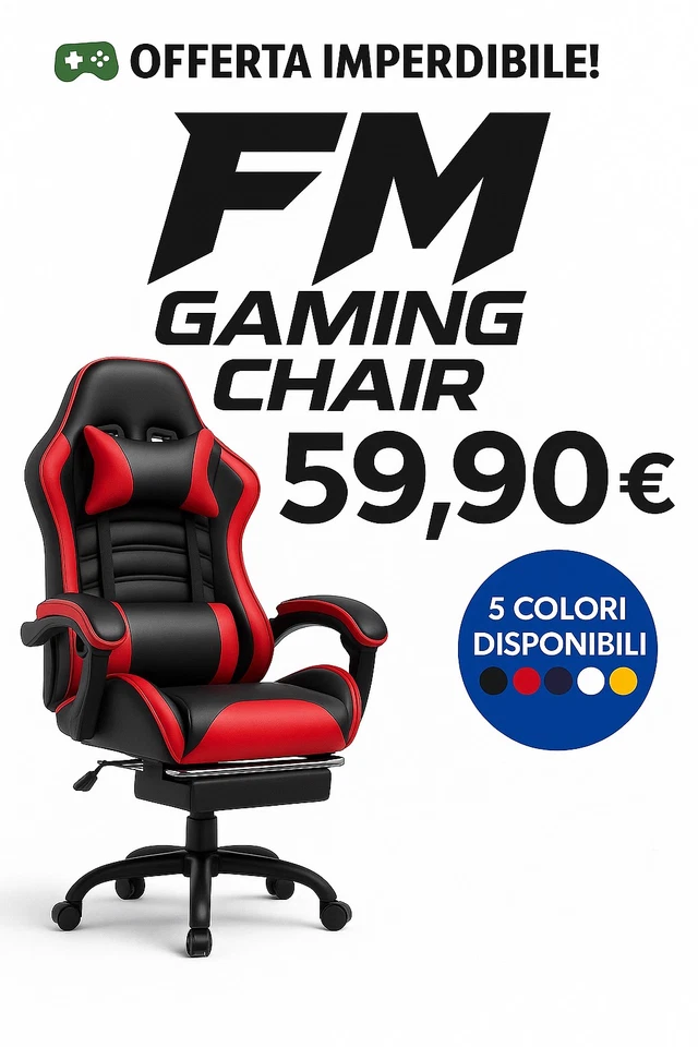 Poltrona Gaming FM Girevole Con Poggiapiedi e Cuscino Lombare e Cuscino Testa - Immagine 2 di 4
