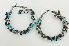 Beaded Hoop Earrings Pierced Womens Silver Tone Twisted Seed Beads Boho 1.5 Inch
