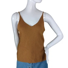 Ribbed Fine Knit Camisole Top Size Medium Brown Sleeveless V Neck Pullover